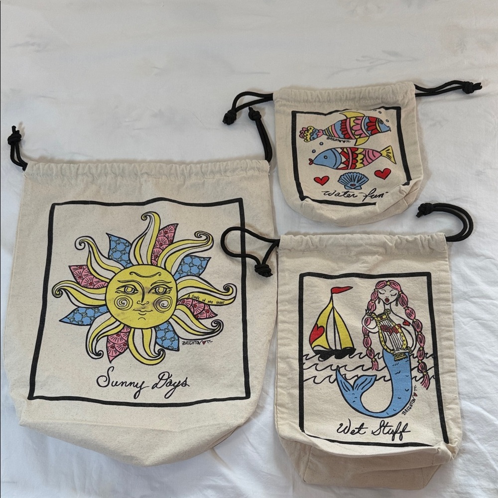 Sunny Days Canvas Drawstring Pouches - Sun, Mermaid, Fish